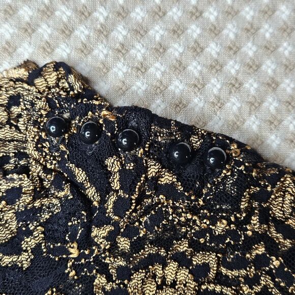 Reba Sheer Mesh Black & Metallic Gold High Collar Button Neck Long Sleeve Bouse - Picture 5 of 12